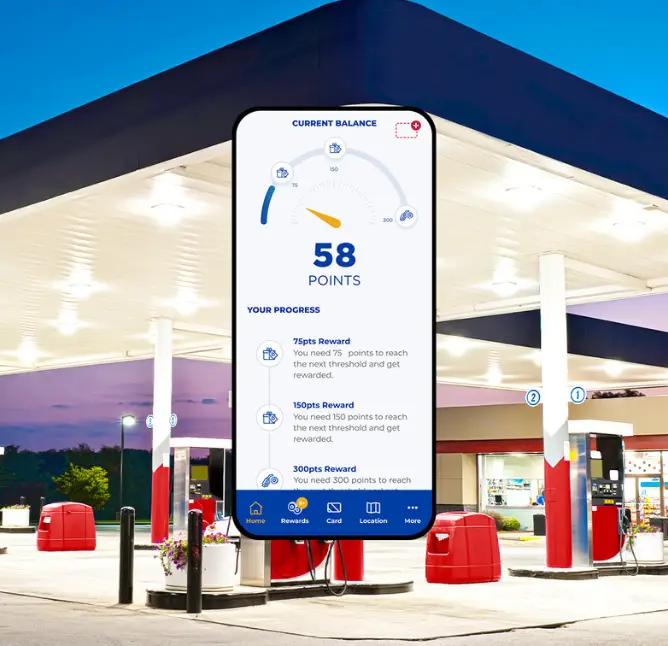 Mobile app showcasing balance, transactions, and status of rewards for fuel, restaurants, and gift cards.